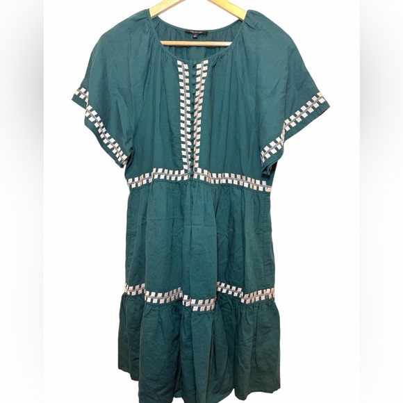 Madewell Green Embroidered Linen-Blend Flutter-Sleeve Mini Dress Size L - Picture 6 of 14